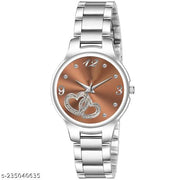 HRV Brown Double Heart Dial Metal Silver Belt Girls watch