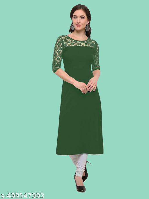 Casual American Crepe And Net Round-Neck 3/4 Length Sleeve Dark Green Kurti (45"Inches)