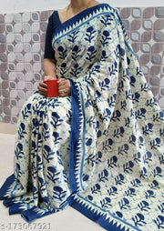 JAIPURI, BAGRU HAND BLOCK PRINT PURE SOFT COTTON MULMUL SAREE WITH BLOUSE PIECE