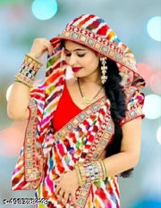 Fancy white lehriya georgette saree with maharani lace and blouse