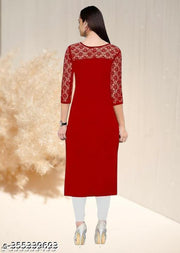 Polyster/Crepe fabric-Casual And Round-Neck 3/4 Length Sleeve Red Kurti (42"Inches)