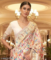 Rajwadi Pashmina White Floral Silk Saree banarasi Silk Saree