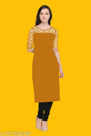 Casual American Crepe And Net Round-Neck 3/4 Length Sleeves Yellow Kurti (42"Inches)