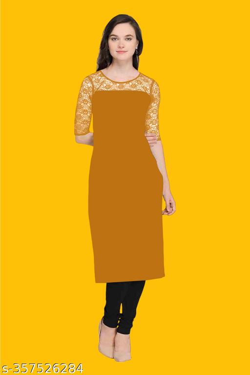 Casual American Crepe And Net Round-Neck 3/4 Length Sleeves Yellow Kurti (42"Inches)