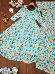 QVAZOR Stylish Fancy Trendy Printed Poly Georgette Gown with Dupatta For Women For Party Wedding Festival Functions