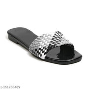 Sosu Women Stylish Black Silver Woven Sliders | Designer Flat Slippers for Women | Trendy Party Wear Fancy Sandals | Comfortable Daily Wear Slides | Lightweight Fashion Chappal
