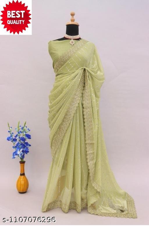 SHIMMER SAREE WITH MIRROR WORK AND CHEMICAL LACE AND DIMOND HAND WORK