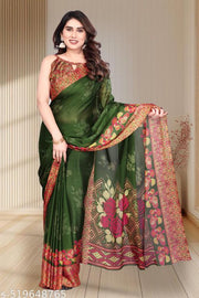 Elegant Green Floral Printed Saree with Designer Blouse