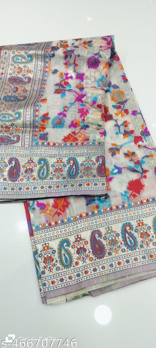 Rajwadi Pashmina White Floral Silk Saree banarasi Silk Saree
