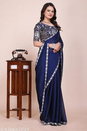 Women's Navy Blue Heavy Embroidered Silk Saree with Cutwork Border & Figure Designer Blouse Piece