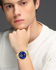 OHHO Original Gold Plated Steel Bracelet Belt & Day-Date Function Blue Dial Analog Watch - For  Men's-Boy's-Gent's