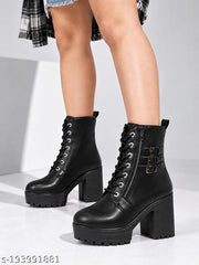 KLIEV PARIS | Women's Black Lace-Up Ankle Length Block Heel Boots | Side Zipper Chunky Platform Boots with Triple Ankle Buckle Straps for Girls
