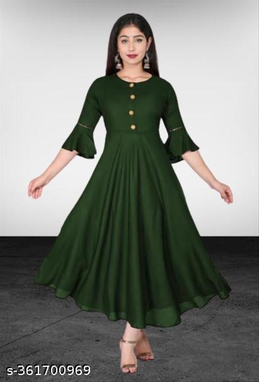 Stylish Anarkali Kurti with Gown Flare Latest Design Trendy Three Quarter Sleeve (GREEN)
