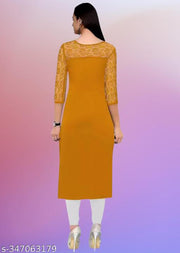 Casual American Crepe And Net Round-Neck 3/4 Length Sleeves Yellow Kurti (45"Inches)