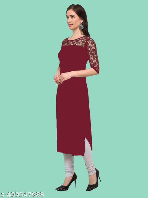 Casual American Crepe And Net Round-Neck 3/4 Length Sleeve Maroon Kurti (45"Inches)