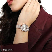 Square Diamond Studded Women's Embellished Analog Dial with Stainless Steel Strap | Battery Power | Foldover Closure | Quartz Movement | Fashion Wrist Belt Watch for Female and Girls
