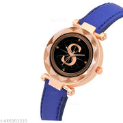 Skoal Analog Round Black Dial ALPHABET S Design Stylish Blue Leather Strap Classic Design Fancy Wrist Watch for Women and Girls, Pack of 1 - ALPHA-S-GEN-RG-BLU-L