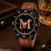 Prathshya Analog Round Black Dial ALPHABET M Design Stylish Brown Leather Strap Classic Design Fancy Wrist Watch for Men and Boys, Pack of 1 - ALPHA-M-AVO-BLK-DBRW-CRL