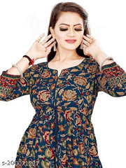 printed long blue anarkali kurti