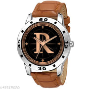 Welix Analog Round Black Dial ALPHABET R Design Stylish Beige Leather Strap Classic Design Fancy Wrist Watch for Men and Boys, Pack of 1 - ALPHA-R-AVO-SIL-TAN-CRL