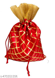 3A FEATURETAIL 13Cm X 18Cm 10pc Red Color Golden Berfi Print Small Drawstring Bags Pouches Potli For Gift, Jewelry, Dryfruits & Candy