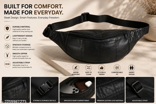 Stylish Black Leather Waist Bag / Crossbody Sling Bag