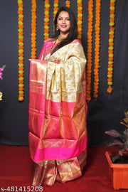 Cream-pink Kanjivaram Soft Lichi Silk Saree With Blouse Piece For Women's