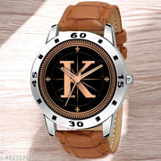 Natrix Analog Round Black Dial ALPHABET K Design Stylish Beige Leather Strap Classic Design Fancy Wrist Watch for Men and Boys, Pack of 1 - ALPHA-K-AVO-SIL-TAN-CRL