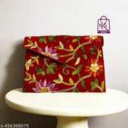 NAKASA Women's Kashmiri Handmade Flower Embroidery Small Red Clutch Bag