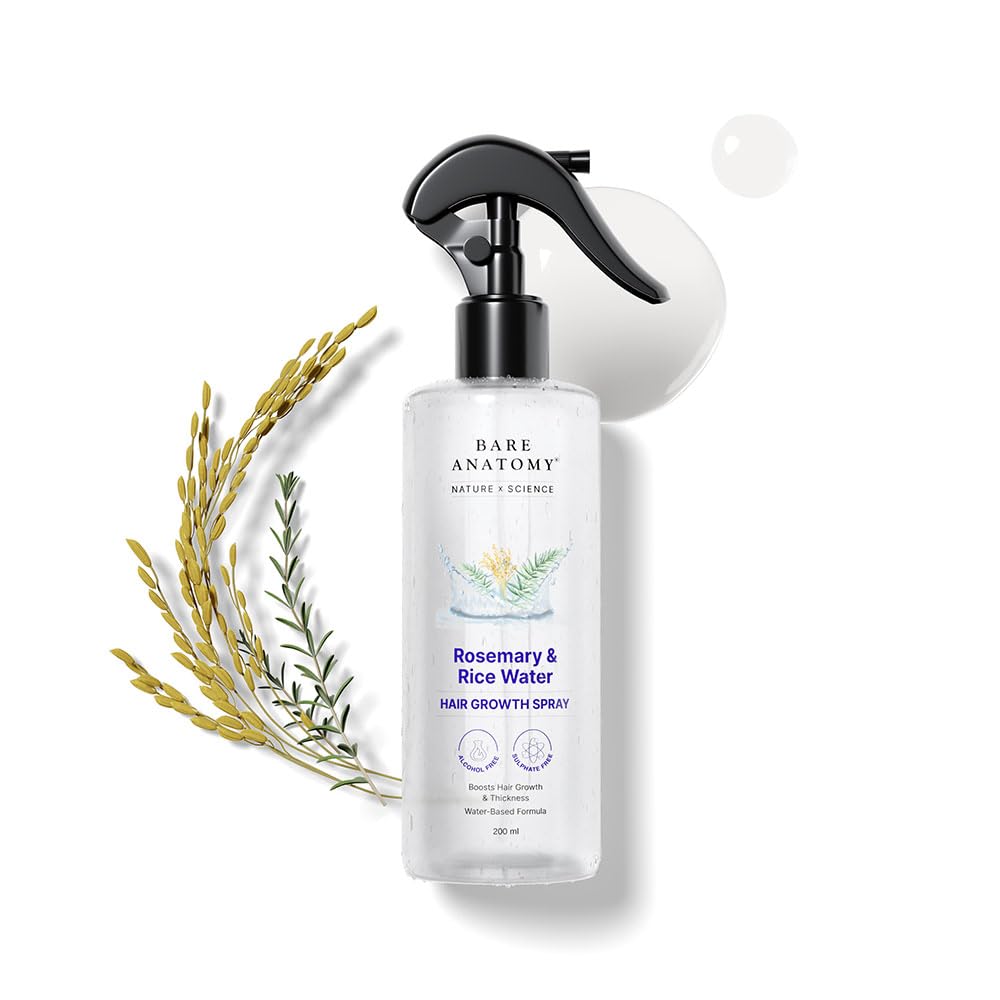 Bare Anatomy Nature x Science Rosemary Water Spray for Hair Growth & Hair Thickness with Rice Water | 100% Natural Extract | Soft & Smooth Hair | Controls Hairfall & Adds Shine | Non-Greasy & Fast Absorbing