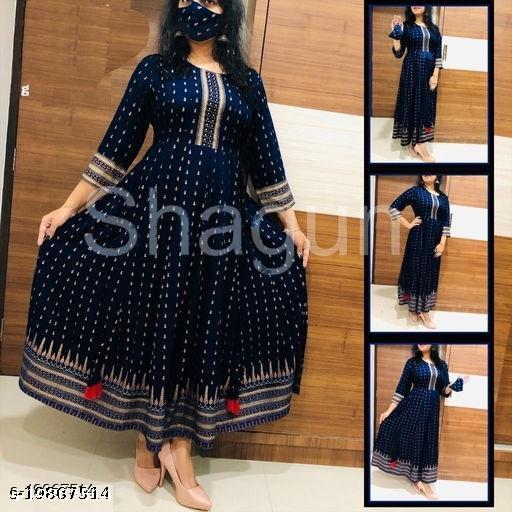 Abhisarika Drishya Kurtis Women Printed  Rayon Ethnic Dress  (Navy Blue, M-4XL)