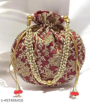 Women's Embroidered Silk Potli Bag with Pearl Handle & Drawstring Closure | Ethnic Bridal Clutch for Wedding, Party, Festive & Return Gift