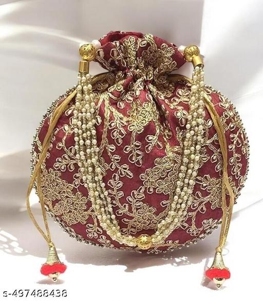 Women's Embroidered Silk Potli Bag with Pearl Handle & Drawstring Closure | Ethnic Bridal Clutch for Wedding, Party, Festive & Return Gift