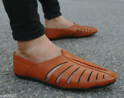 Tan Men's Laser Cut Fally Ethnic Criss Cross Slip On Juttis and Mojaris for Wedding|Party|Occasions|Fashion|Stylish|Outdoor|Indoor|Lightweight|Shoes with Anti Skid Sole