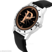 Skoal Analog Round Black Dial ALPHABET P Design Stylish Black Leather Strap Classic Design Fancy Wrist Watch for Men and Boys, Pack of 1 - ALPHA-P-AVO-SIL-BLK-L