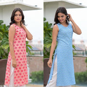 Women Stylish Rayon Fabric Slevless kurta 2 pic Combo(blue and pink)