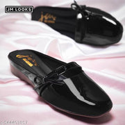 JM Looks Women's Glossy Patent Slip-On Mules with Bow Detail Flat Sandal Comfortable Cushion Footbed for Office Party & Casual Wear- Black