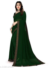 Rovilo Fashion Women's Georgette Hot-Fix Daimod Woven Party Wedding Saree Green Color D416