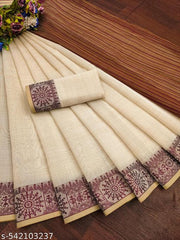 Top trending latest simple plain party wear/wedding Women's Jacquard Weaving Plain Beige Cotton Silk Saree with Maroon Border | Elegant Ethnic Party Wear Saree