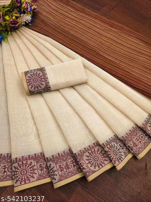 Top trending latest simple plain party wear/wedding Women's Jacquard Weaving Plain Beige Cotton Silk Saree with Maroon Border | Elegant Ethnic Party Wear Saree