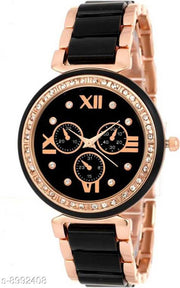 Bolun Black Rosegold Crono With Studed Diamond 001 Analog Women Watch