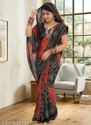 Black bandhani Saree with Lace Border, Comfortable Georgette Printed Daily Wear Saree with unstitched Blouse Piece, New Arrival Latest saree, Trending Saree