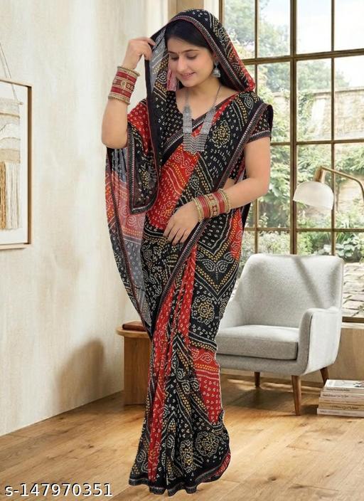 Black bandhani Saree with Lace Border, Comfortable Georgette Printed Daily Wear Saree with unstitched Blouse Piece, New Arrival Latest saree, Trending Saree