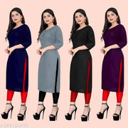 Solid Pack of 4 Casual Ethnic Plain A-Line American Crepe Fabric Light Weight Kurtis For Daily Use in Low Price
