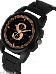 Prathshya Analog Round Black Dial ALPHABET S Design Stylish Black PUn Strap Classic Design Fancy Wrist Watch for Men and Boys, Pack of 1 - ALPHA-S-J16-BLK-CDBLK