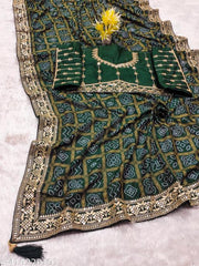 Women's Bandhani Printed Silk Saree with Unstitched Blouse 