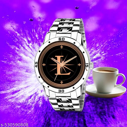 Femeo  Analog 9103 Watches Round Black Dial L Design Stylish Silver Stainless Steel Strap Classic Design Fancy Wrist Watch for Men and Boys, Pack of 1 - A07ZALPHA-L-AVO-SIL-STL
