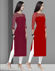 Pack of 1 Casual American Crepe And Net Round-Neck 3/4 Length Sleeves Maroon & Red Kurti (42"Inches)