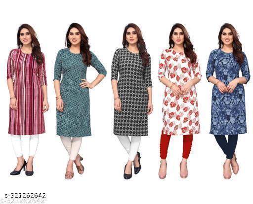 Polyster/Crepe fabric-Women Printed Straight Kurti Combo of 5