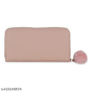Purse Clutch Wallet for Women - PU Leather Single Zip Card Coin Holder Long Pom Pom